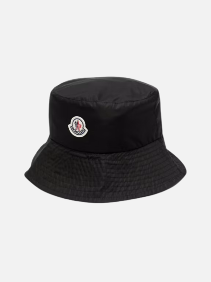 Brand: Moncler Color: Black with white, red, and blue felted logo patch Material: 100% Polyamide (Technical Nylon) Moncler Logo Patch Bucket Hat Black