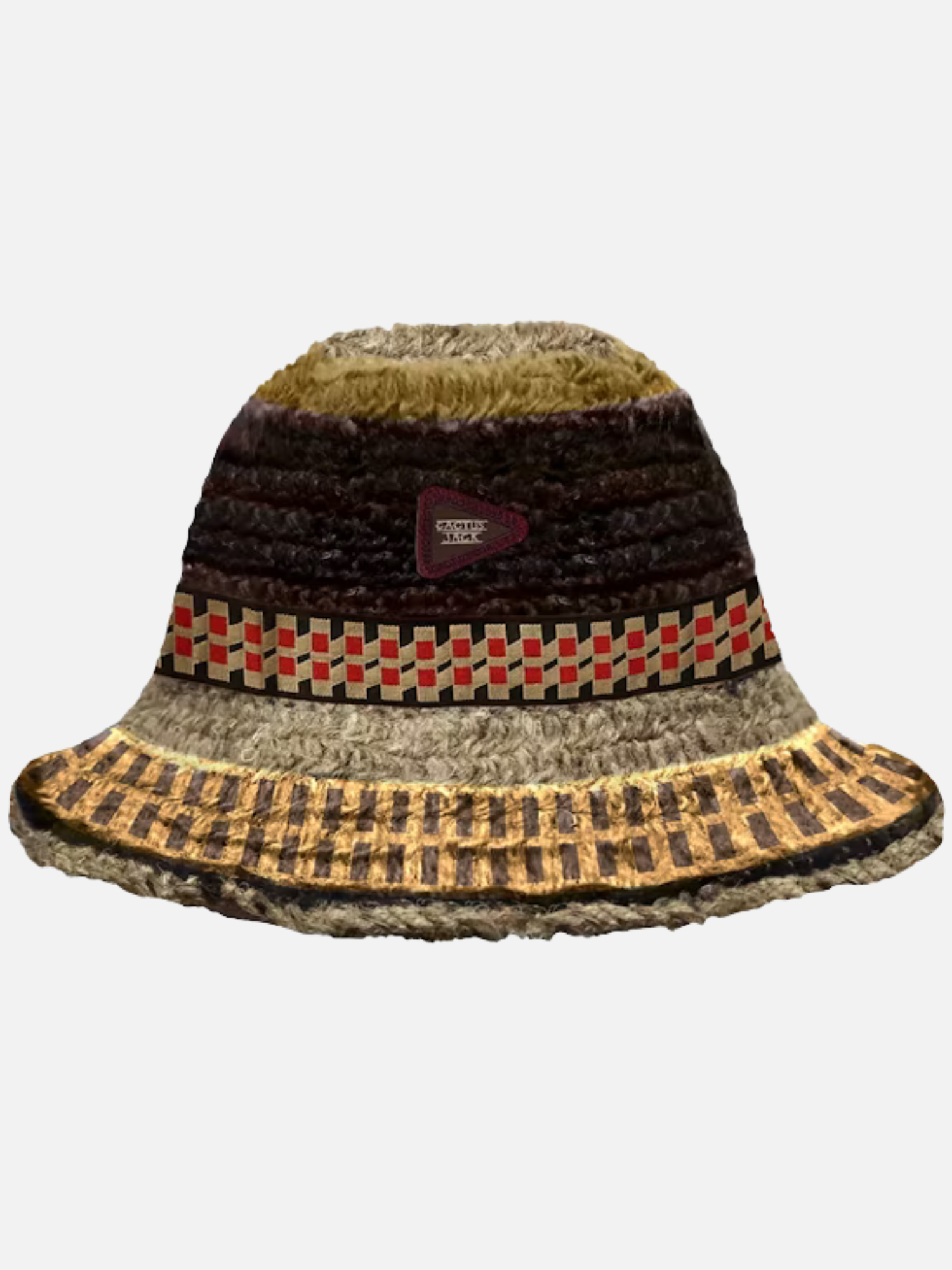Travis Scott Cactus Jack Crochet Bucket Hat Multi Earth-toned crochet knit bucket hat featuring multi-patterned horizontal stripes. Detailed with a rubberized triangular Cactus Jack logo badge on the front crown. Flexible, soft-structured design with a comfortable sloped brim. Travis Scott Cactus Jack Crochet Bucket Hat Multi